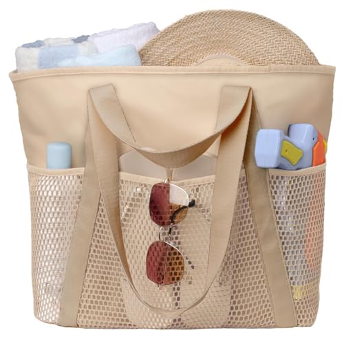 Waterproof Beach Bag with Zipper,Sandproof Beach Tote Bag for Women, Carry on Tote Bag for Swim Cruise Khaki, Khaki4