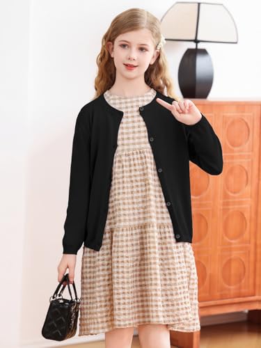 Soudittur Strickjacke Mädchen Basic Kinder Cardigan Lange Ärmel Baumwollstrickpullover Schuluniform mit Knöpfen 140 (DE/NL/SE/PL, Alter, 8 Jahre, 9 Jahre, Regular, Schwarz)