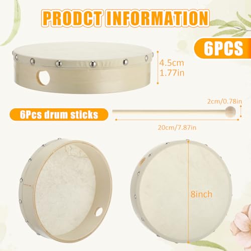 Joyfolk 6 Pack 8 Inches Hand Drum Goatskin Drumhead DIY Handpan Wood Frame Drum with Beater Stick for Adults - Thumbnail 2