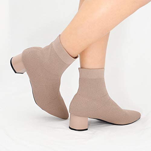Chegong Women's Black Knit Chunky Heel Sock Boots Pointed Toe Soft Mid-Calf Booties #TOP5