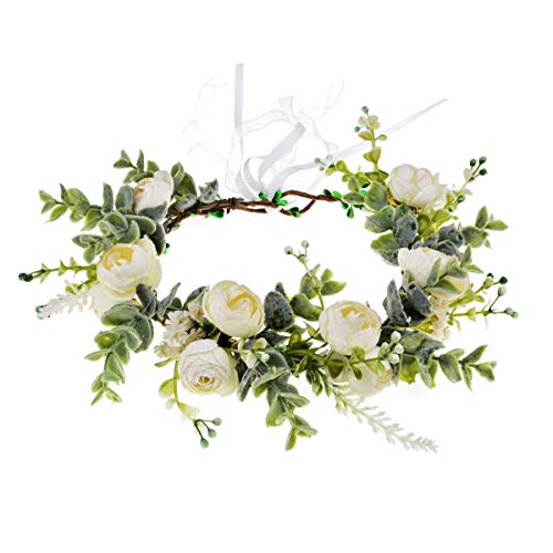 Love Sweety Bridal Rose Flower Crown Greenery Headband Wedding Floral Headpiece Garland Halo Maternity Photo Shoot (White)