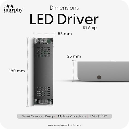 Image of Murphy 10A 12V DC LED Driver (SMPS) | Constant Voltage Power Supply for Indoor LED Strip Lights | Aluminium Body | BIS Approved | Pack of 4 (1-Year Warranty)
