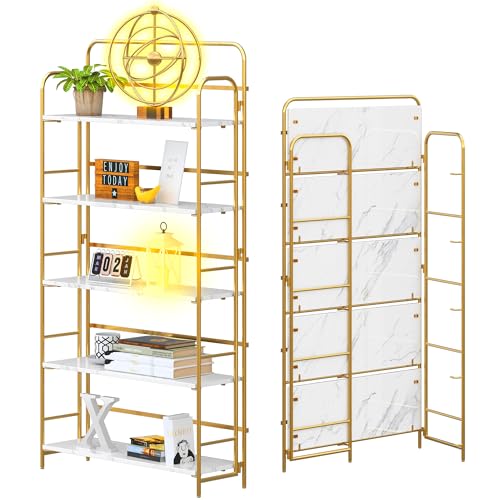 Image of 4NM No Assembly Folding Bookshelf, 5 Tiers Collapsible Book Shelves Open Industrial Foldable Storage Bookcase Shelf for Bedroom, Living Room, Home Office - White and Gold