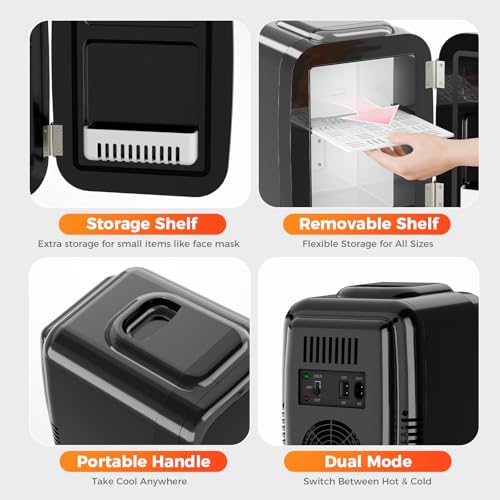 Image of YASHE Mini Fridge, 4 Liter /6 Can Mini Makeup Fridge, 110V AC / 12V DC Portable Thermoelectric Cooler&Warmer for Skincare, Drink, Cosmetic, Medicine, Small fridge for Bedroom, Office, Dorm, Car, Black