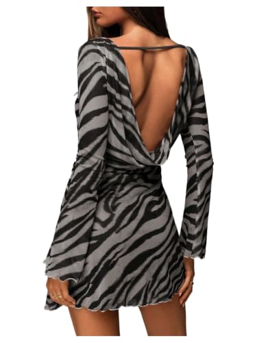 black and white aztec print trim long sleeve mini dress Verdusa Women's Animal Backless Dress Festival Rave Outfit Asymmetrical satin-finish dress with Brunch Outfits Color:BLUE REVIVAL May be worn with