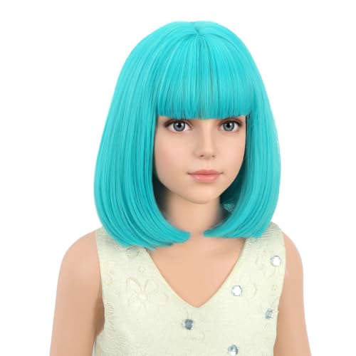 Image of PATTNIUM Kids Teal Blue Bob Wig with Bangs Short Blue Wig for Girls Light Blue Wig Cosplay Costume Hair Wigs Synthetic Wig