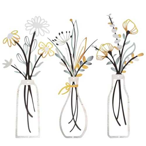 GomTrynxil Décoration Murale en Métal Fleur Colorée - 3 Pièces Art Mural Minimaliste et Moderne, Sculpture Florale en Fer Forgé pour Salon, Chambre,...