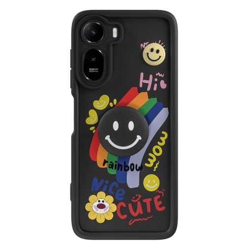Image of Pikkme Back Cover for Redmi A7 Pro /Poco C85x 5G | Soft Silicone| Cute Rainbow Smile & 3D Cartoon Flower Design | Shockproof Raised Camera Protection Bumper Case (Black)