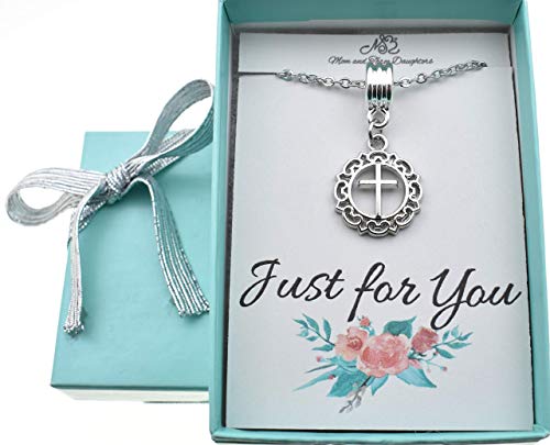 Cross Necklace with Bale in Silver Toned Metal | 16 Inch Stainless Steel Cable Chain with Lobster Claw Clasp & Two Inch Extender | Perfect Gift for Little Girls