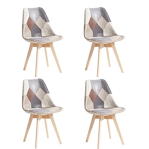 EGOONM Lot de 4 Chaises de Salle à Manger, Chaises de Style Nordique, Chaises de Cuisine en Patchwork, Chaises de Salle à Manger en Tissu (Gris-Cuir PU)