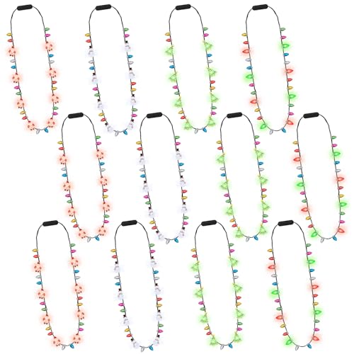 Christmas Party Accessories 12PCS Christmas Light Necklace Christmas Favors Colorful Bulbs 3 Modes Light Up Christmas Necklace Santa Claus Christmas Trees Snowmen Christmas Necklaces Adults