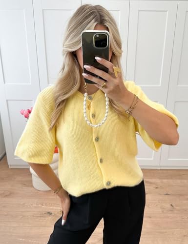 Image of Wyeysyt Womens Cropped Knitted Cardigan Y2K Short Sleeve Button Down Sweater Cardigan Shirt Casual Solid Color Ribbed Outwear