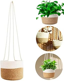 Hanging Plant Pot Cotton Rope Woven Basket Indoor Flower Pot Home Storage Hanger Decor for Home Room Indoor Outdoor Garden Decoration (Beige+White)