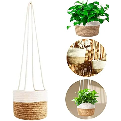 Hanging Plant Pot Cotton Rope Woven Basket Indoor Flower Pot Home Storage Hanger Decor for Home Room Indoor Outdoor Garden Decoration (Beige+White) Cover