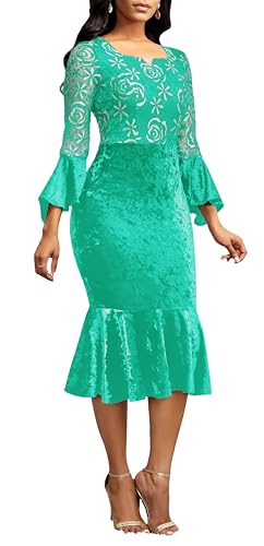Image of Midi Lace Dress for Women Bodycon Dress Church Cocktail Party Clothes | Square Neck,Lace Bell Sleeve,Velvet Look,Mermaid Hem,Midi Dresses,Cocktail Party,Wedding Guest Party,Formal Event Outftis