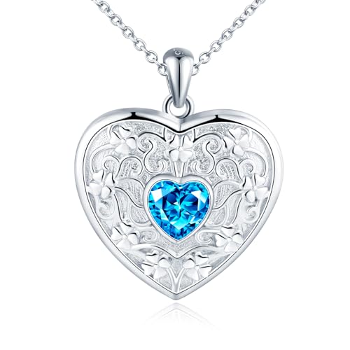 MicLee Collar Foto Corazón Medallones de Plata 925 para Mujer Collares Colgantes Photo Openable Moda Colgante con Azul Circonita Corazón Collar Souvenir