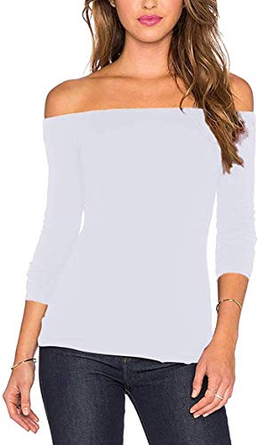 Women s Sexy Slim Fit Stretchy Off Shoulder Long Sleeve Blouse Tops Shirt White S