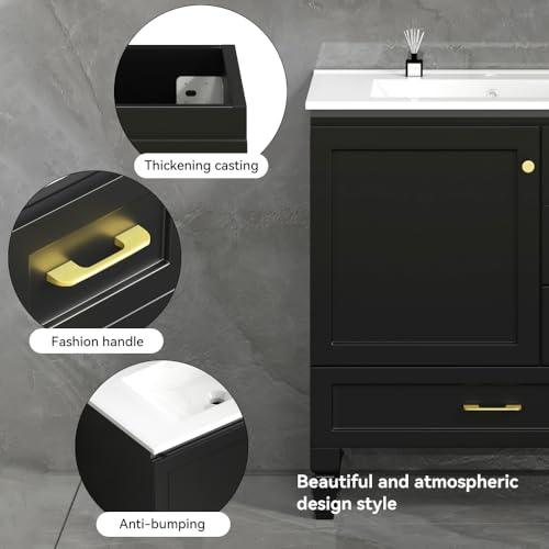 Image of KEIKI 30 inch Bathroom Vanity with Sink, Wood Cabinet with 1 Soft-Close Door & 3 Drawers, Modern Transitional Sink Cabinet for Home Bathroom, Black
