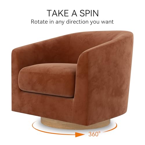 Image of Swivel Accent Chair, Upholstered Modern Barrel-Curved Arm Chair, Velvet Fabric Comfty Sofa Reading Chair with Solid Wood Base for Living Room, Bedroom, Club, Burnt Orange