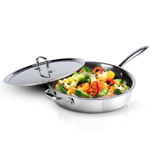 Image of AGARO Regency Triply Saute Pan 2.5L with Lid, 26 cm, Rivetted & Stay Cool Handle, Fast Heat Absorb & Retain, Food Safe, Durable, Curry, Stir-Fry, Deep Fry, Saute, Non Toxic, 5 Year Warranty, 2.5 mm