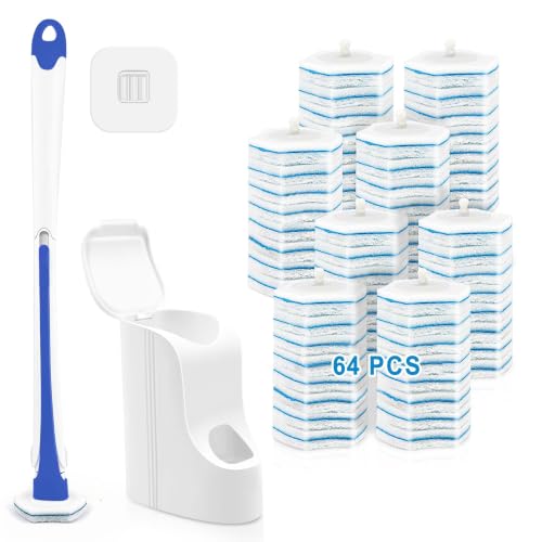 JEHONN Disposable Toilet Brush with 64 Wand Cleaner Refills, Wall Mounted Toilet Bowl Brush Holder Set, Bathroom Cleaning System for Sink Bathtub Wash Basin (Blue) by JEHONN - Used condition - US$23.74