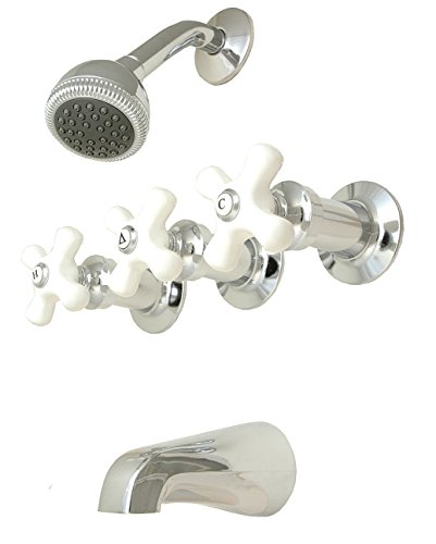 3-Handle Tub & Shower Faucet, Chrome Plated, Porcelain Handle, Compression Stems - By Plumb Usa #TOP8