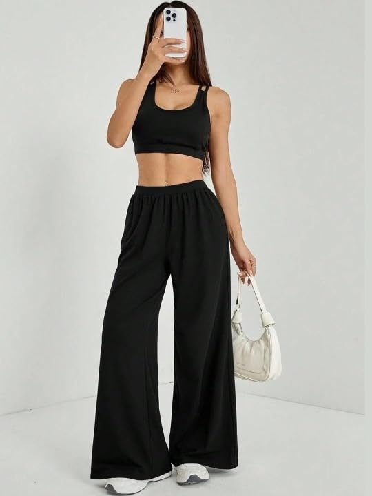 Image of Women's Casual Black Straight Fit Pants | Soft Pants with Adjustable Drawstring & Side Pockets