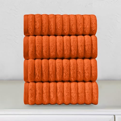 Image of Elegant Comfort Luxury 100% Turkish Cotton Corduroy Ribbed 4 Pack Hand Towel Set 16 x 28 Inch - Absorbent, Super Soft, Quick Dry, Premium Towels for Bathroom, Gym, Spa and Hotel Use, Orange