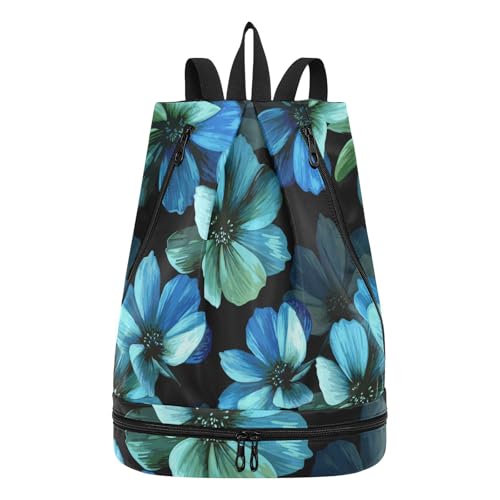 Poeticcity Gym Swimming Drawstring Bags Daypacks Backpack Purse Casual Knapsack Shoulder Bag Sitting Rucksack Seamless Mysterious Beautiful Blue Turquoise Flowers on Black