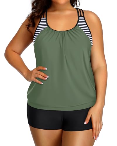 Image of Womens Plus Size Tankini Swimsuit Two Piece Tummy Control Bathing Suit | Blouson Racerback Tankini Top with Shorts, Double Up Design, Removable Pad