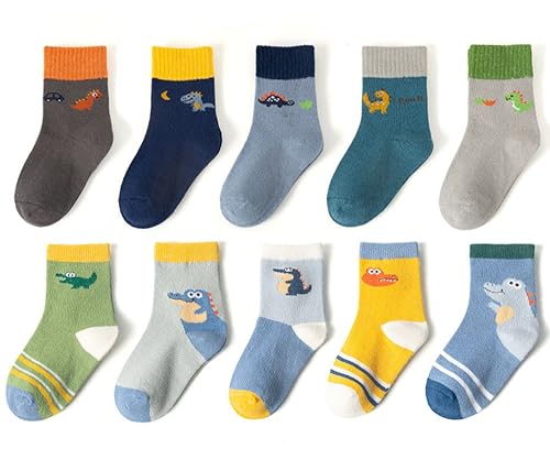 kiobrvhe Kids Socks with Grips Non Slip Slipper Socks Cartoon Print 10-Pairs Pack Cozy Fluffy Winter Warm Crew Socks (Style F,6-8T,US,Age,6 Years,8 Years)