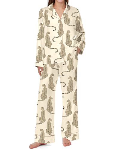 Image of SHESHOW Satin Pajamas Set for Women Set Long Sleeve Button Down Pjs Sets 2 Piece Loungewear Animal Sleepwear XS-XXL