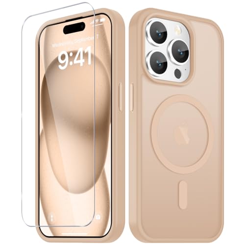 Image of YENAPOON for iPhone 15 Pro Case, Matte Magnetic Phone Cover [with 1 Screen Protector] [Support for MagSafe] [Shockproof Military Grade Protection] Translucent Frosted Back, Coral Pink