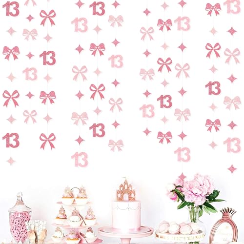 Image of Glitter Pink 13th Bow Birthday Decorations Hot Pink Conquette Bow Garland Streamer Banner Backdrop for Girls Happy 13th Birthday Official Teenager Cheers to 13 Years Old Anniversary Party Supplies