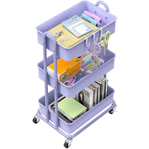 Image of Simple Houseware 3-Tier Heavy Duty Metal Utility Rolling Cart, Purple