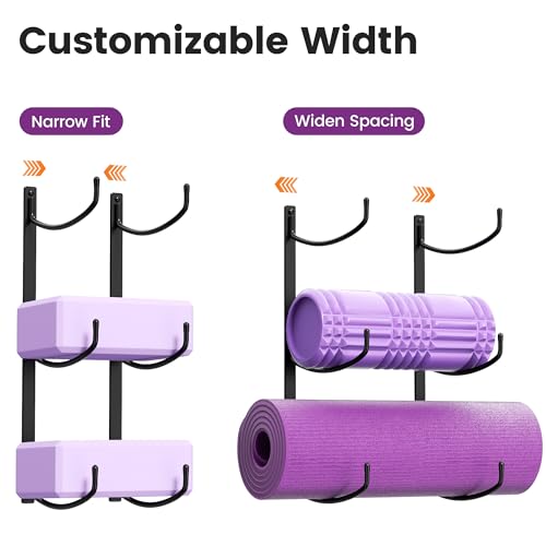Josmimic Yoga Mat Holder Wall Mount, 3-Tier Storage Rack for Yoga Mat, Foam Roller, Block, Yoga Accessories, Wall Organizer for Home Gym, Gym, Workout Room, Metal, Black - Thumbnail 6