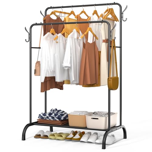 vounot® Portant à Vêtements Double Tringle avec Étagères à Chaussures et 4 Crochets Latéraux Penderie Vêtement Robuste en Métal Pour Chambre Dressing et Entrée...