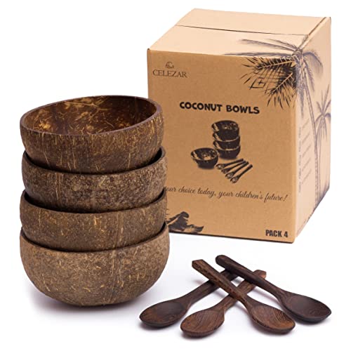 Coconut Bowl Pack 4 Bowls Set 5.5 X 2.2 Inches Coconut Smoothie Organic Coconut Bowls For Smoothies, Fruit, Nut, Acai, Salad, Keys, Plants Vegan Shell Bowl #TOP26