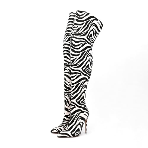 Image of Thigh high boots for women striped Back zipper Burgundy Zebra Print Over the knee Sexy gold white pointed toe Cow Print leopard Magenta stiletto heel