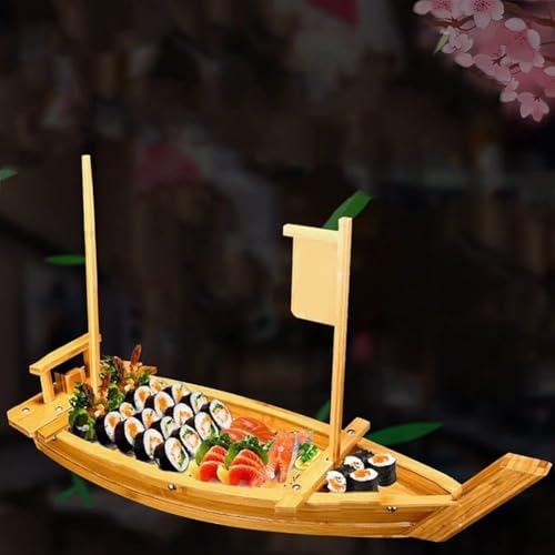 Plateau sushis en bois de grande taille : bateau de service pour sashimis et fruits de mer