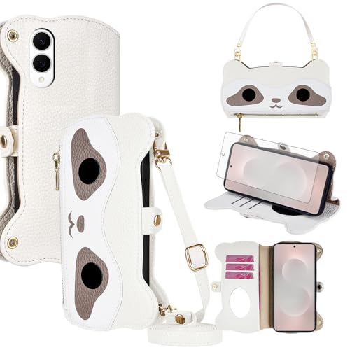 Asuwish Crossbody Raccoon Wallet for Samsung Galaxy S25 Edge Phone Case with Screen Protector Leather Lanyard Strap Flip Stand Mirror Zipper Card Holder Slot S25Edge 25S S 25 25Edge Women Men White