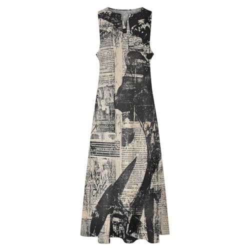 Newspaper Print Women Summer Casual Long Dress Elegant Sleeveless Beach Vacation Maxi Sundress4