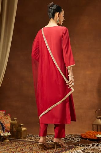 Image of Janasya Women's Chanderi Silk Yoke Design Straight Kurta Set
