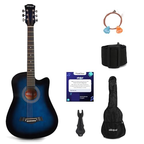 Image of AKKORD Basswood 38 Inch Acoustic Cutaway Guitar Kit With Gigbag, Strings, Picks, Strap And Key - Glossy Blue | Complete Guitar Kit For Beginners With Free Course