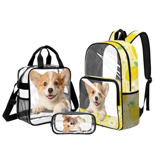 DISNIMO Corgi Clear Backpack for Boys 8-12, 17 Inch Transparent Backpack with Lunch Box Pencil Case Heavy Duty PVC Bookbag for Middle School 6th-8th Graders Stadium Travel