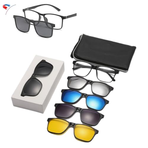 Magnetic Clip on Sunglasses for Men Women,Polarized 5 in 1 UV Protection Retro Eyeglasses for Over Night Driving (B2)