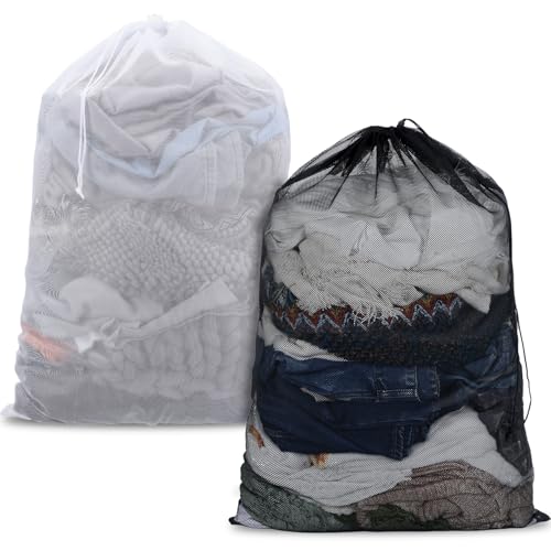 LXUEJIE 2 Pcs Mesh Laundry Bags, 24 x 36 Inch Laundry Bag with Drawstring Laundrys Washing Bags Heavy Duty Large Net Bag for Washing Machine Home Hotel College Dorm Apartment Travel Camp(Black, White)