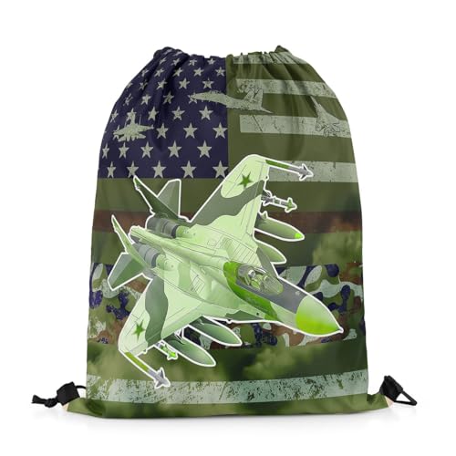 Erosebridal Fighter Plane Drawstring Bags 13X15.7,Usa National Flag Airplane Drawstring Backpack,Fighter Flight Draw String Back Bag For Sport,Camouflage Cinch Bag,Air Force Theme String Backpack