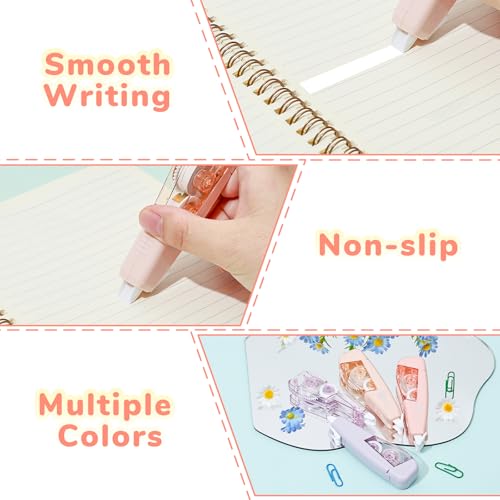 Temiary 3 Pcs Correction Tapes with 3 Pcs Extra Refills, Aesthetic White Pull Out Tape, Easy Grip & Carry, Works with Multiple Pens, Smooth for School & Office Workers (Yellow/Pink/Purple)