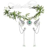 Otuuz 2 Piezas Set de Corona de Elfos de Diamantes de Imitación de Renacimiento Pendientes de Puño de Orejas de Elfos sin Orificios de Mardi Gras Diadema de Hojas de Elfos para Disfraz Cosplay Mujer